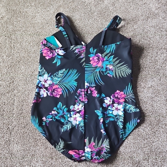 Aqua Green Floral One Piece Swimsuit - Black and Pink - Picture 10 of 14